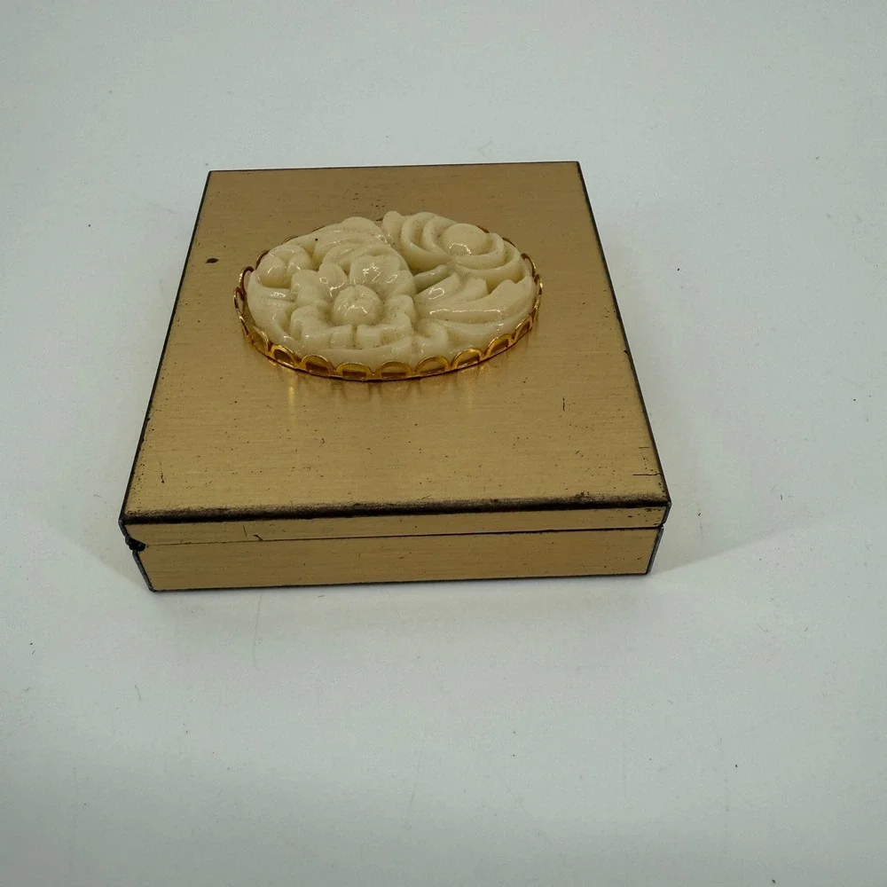 Vintage Gold Tone Floral Cameo Pill Trinket Box Blue Velvet Interior 1950s